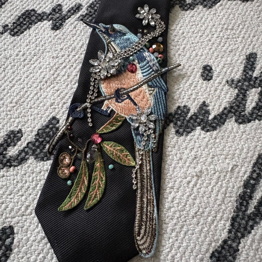Chic Black Tie with Embroidered Bird and Floral Design